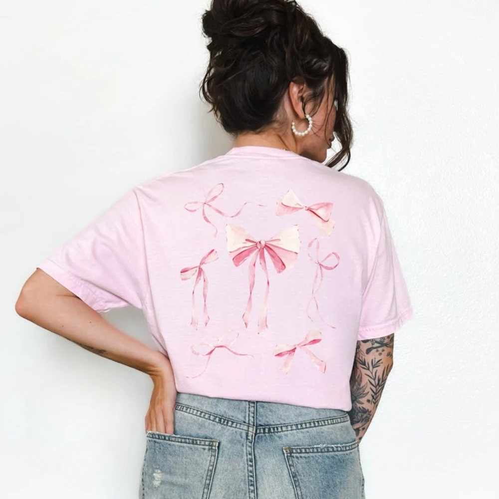 T-shirt à nœud papillon pour filles, chemise à nœud papillon pour femmes, cadeau rose pour la colonne vertébrale, cadeau d'anniversaire pour amis, chemises en coton adorables