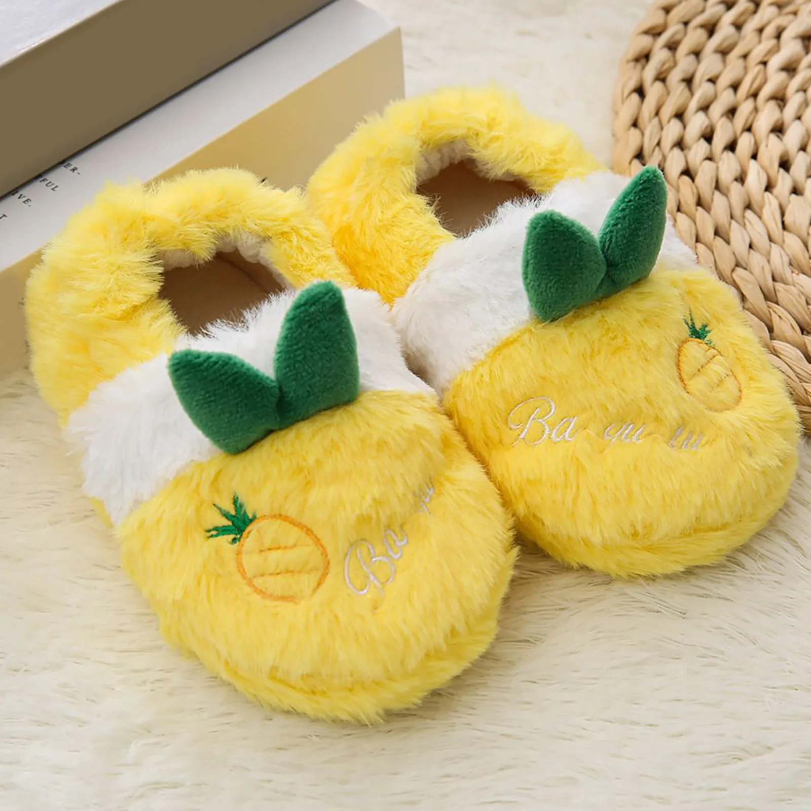 

Plush House Children's Faux Slippers Adorable Peach Themed Plush Warmth Closed Toe Toddler Shoes