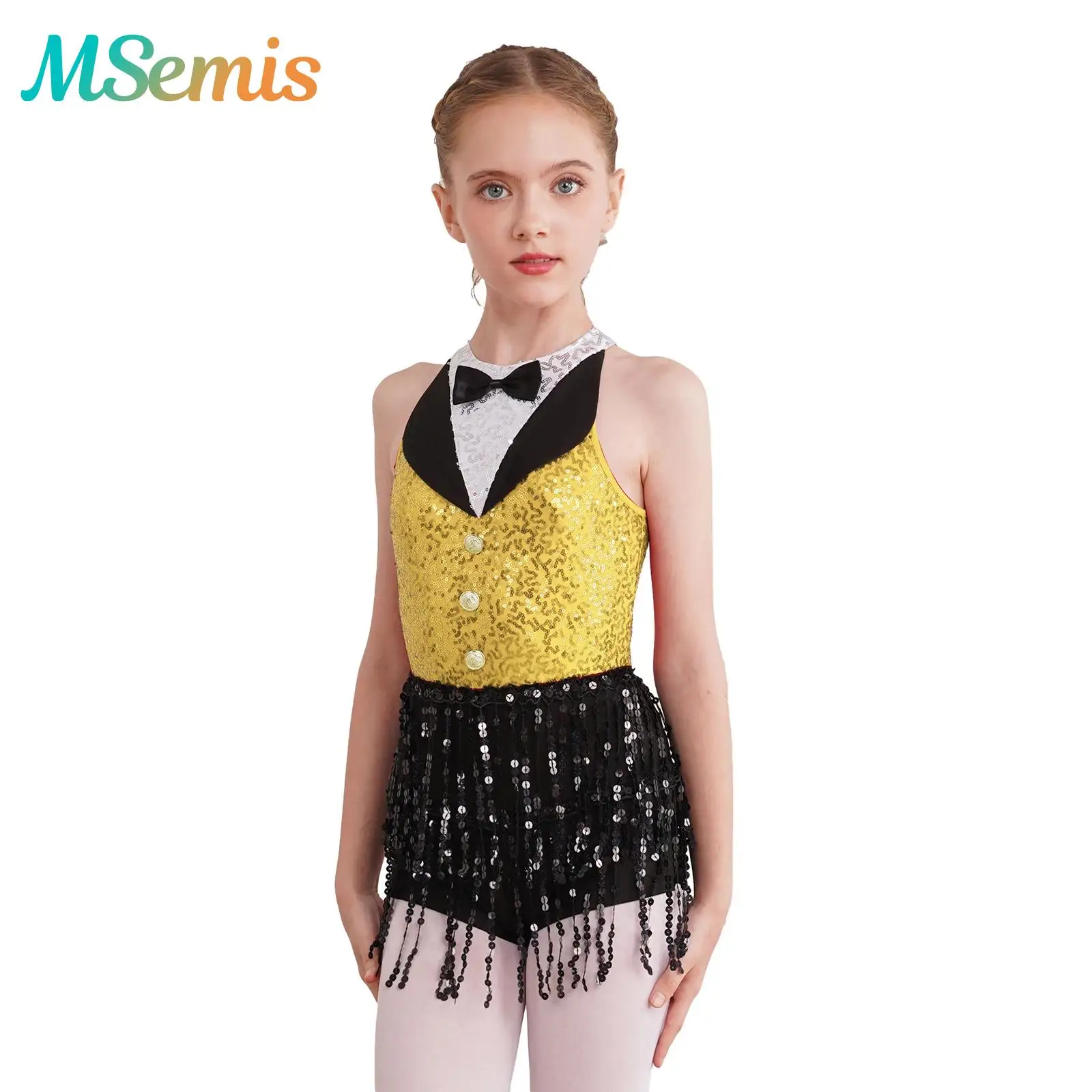 

Kids Girls Gymnastics Ballet Jersey Tights Artistic Skating Costumes Sparkly Sequins Tassel Tuxedo Jazz Dance Leotards Jumpsuit