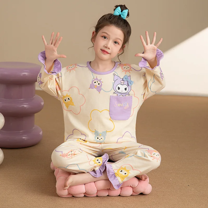 

Kuromi Sanrio Pajama Sets Girls Trendy Korean Style Cartoon Print Nightwear Set Soft Comfortable Indoor Costume Autumn Winter