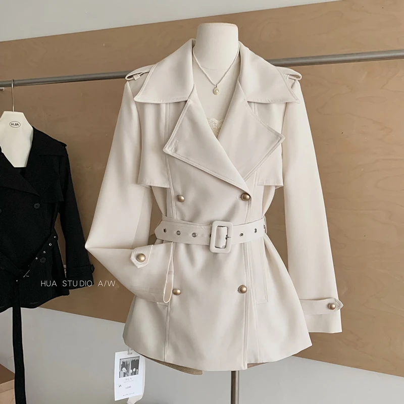 

Chic Lace up Double-Breasted Trench Coat Women Lapel Long Sleeves Wide Shoulder Windbreaker Jacket Fall Commuting Daily Jackets