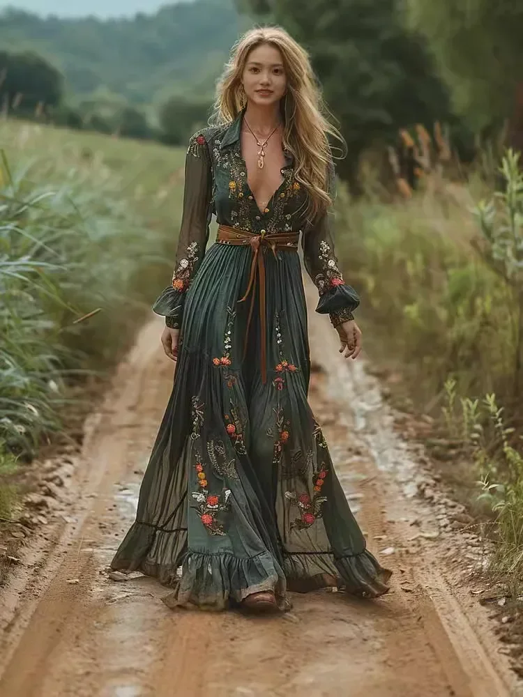 Vestido largo plisado con estampado floral retro étnico para mujer, vestido largo sexy con cuello de camisa y botones para fiesta, otoño, manga larga, bohemio