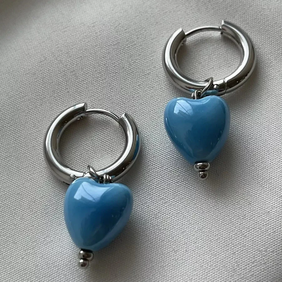 

Stylish Elegant Sweet Biue Ceramic Heart Shape Pendant Earrings for Women Stainless Steel Double Ring Ear Cuffs Charm Jewelry