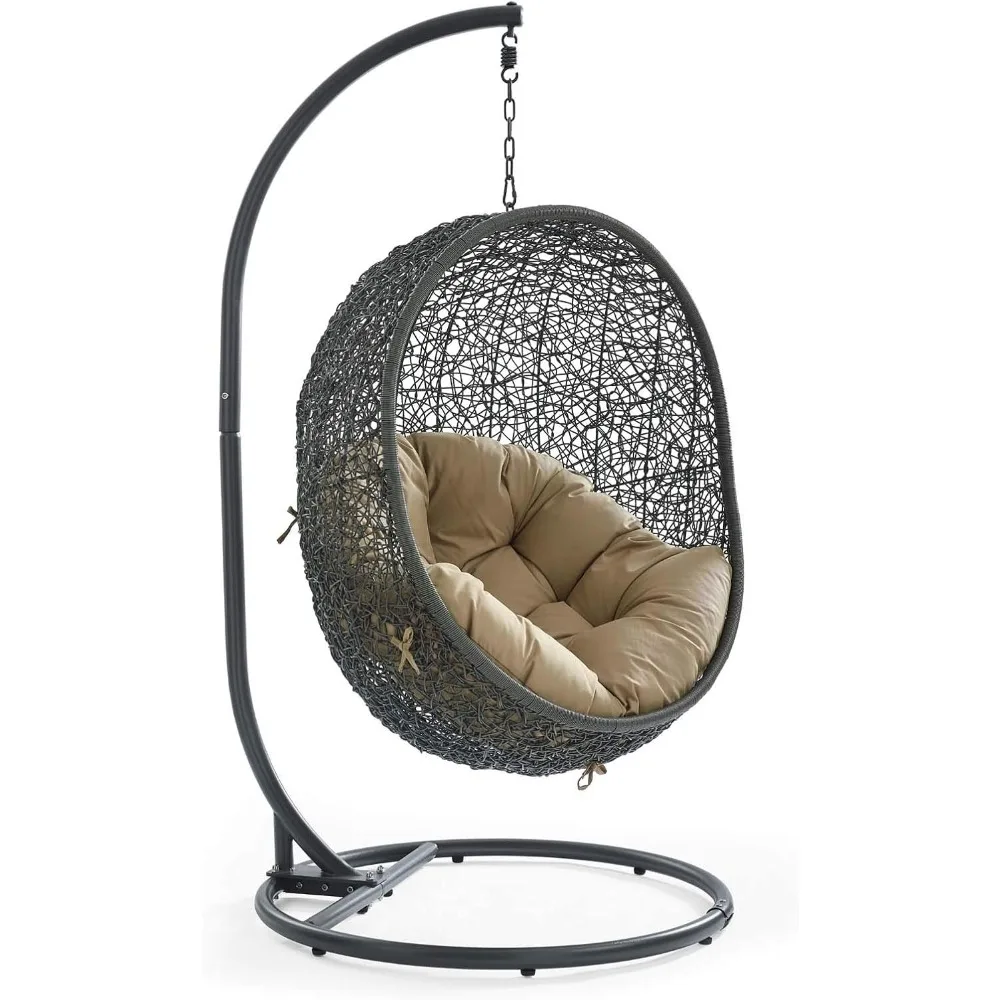 EEI-2273-GRY-MOC Hide Wicker Rattan Outdoor Patio Porch Lounge Egg Swing Chair Set, With Stand, Gray Mocha