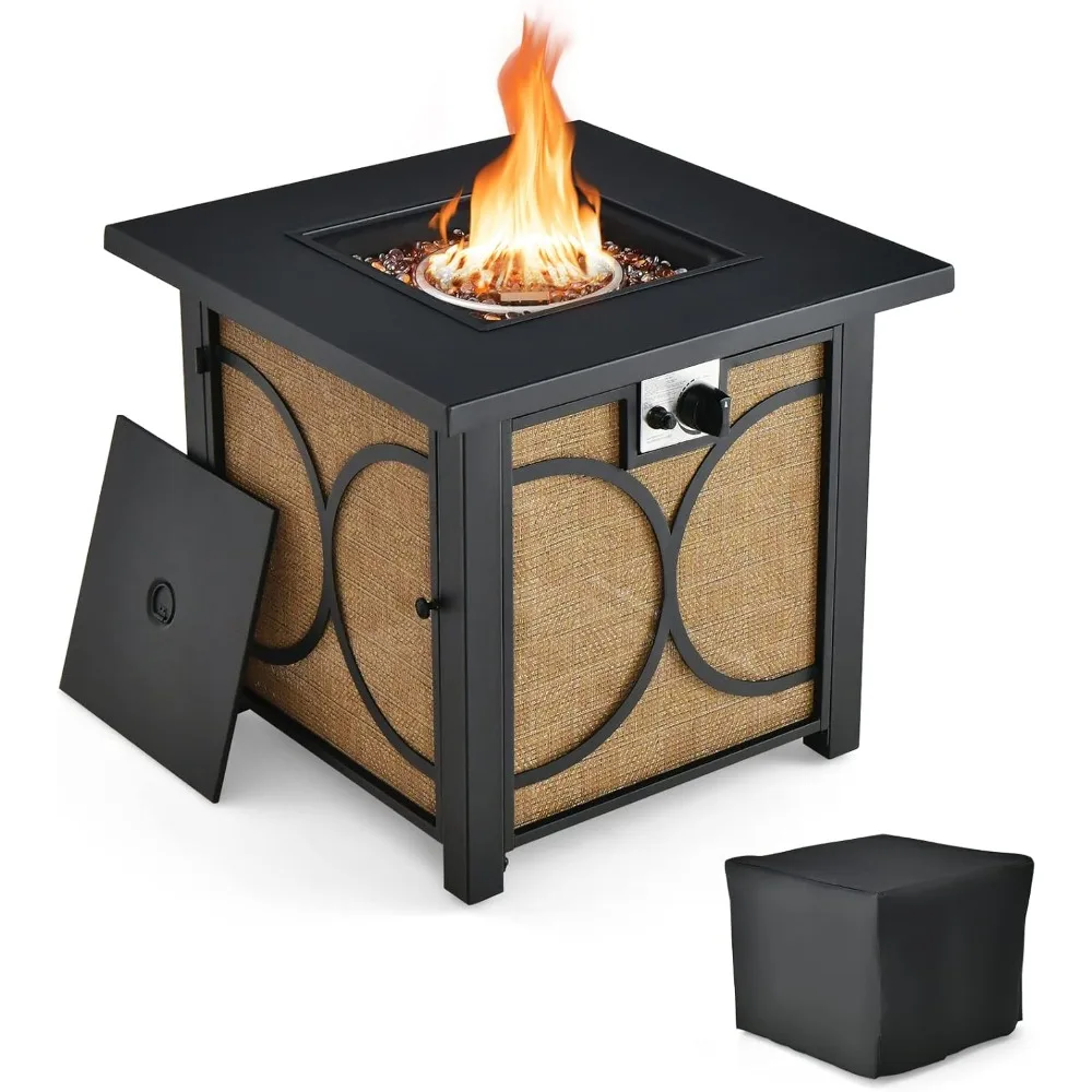 

28” Outdoor Fire Pit Table - 50,000 BTU Square Metal Fire Table with Lid, PVC Cover, Glass Stones, CSA Approved, 2-in-1 Ignitio