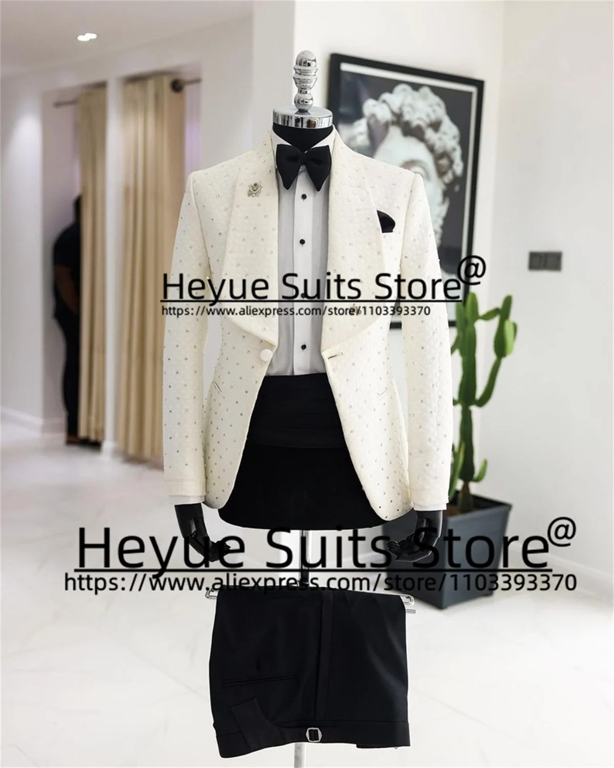 

High-end White Diamond setting Wedding Suits For Men Slim Fit Shawl Lapel Groom Tuxedos 2 Pieces Sets traje de hombre elegante