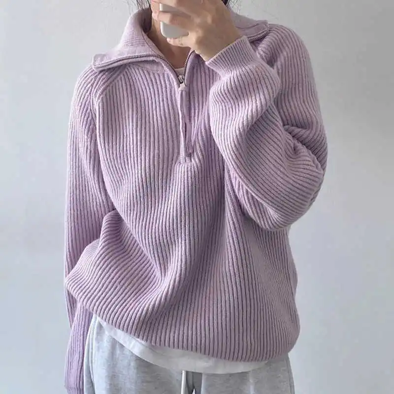 Purple Half Zippers Pullover Sweater Women Autumn Winter Loose Warm Long Sleeve Tops Female Solid Versatile Knitshirts