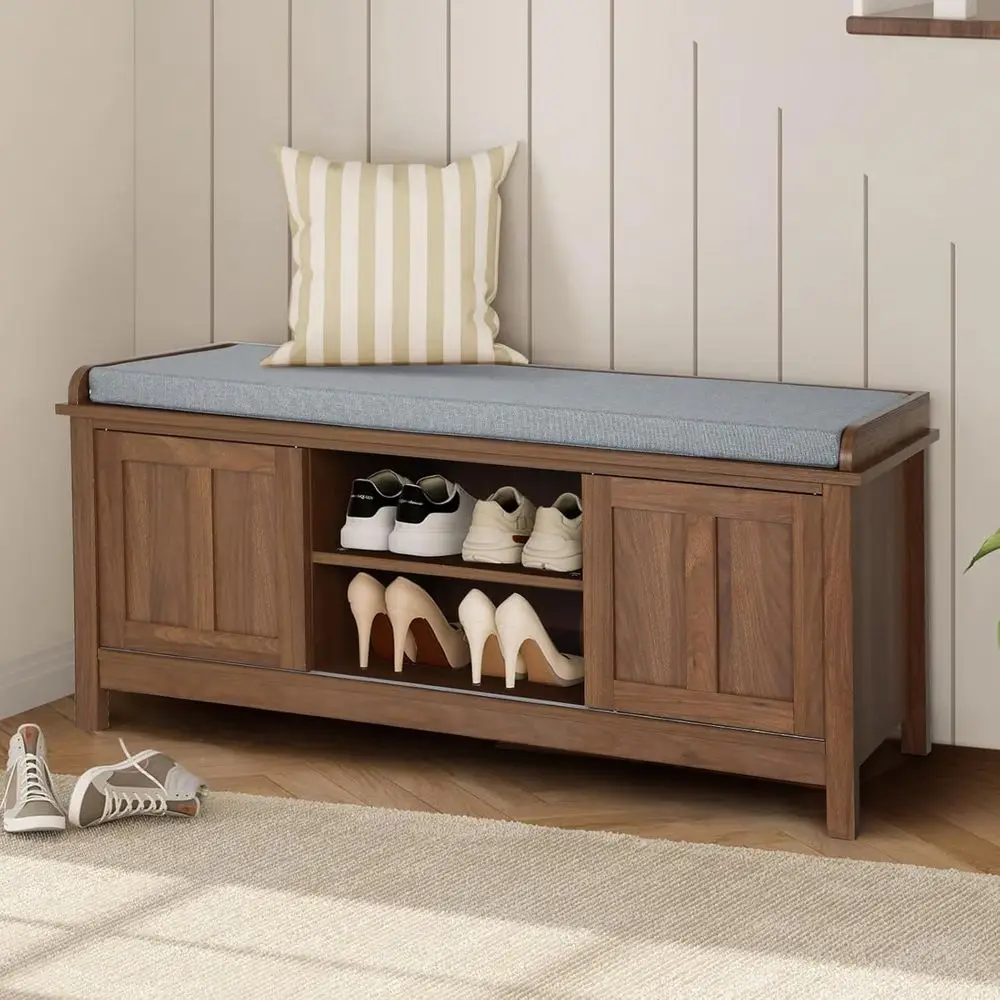 

43 Dual-Tier Wooden Shoe Storage Bench with Sliding Door, Adjustable Shelves for Entryway, Hallway, Bedroom