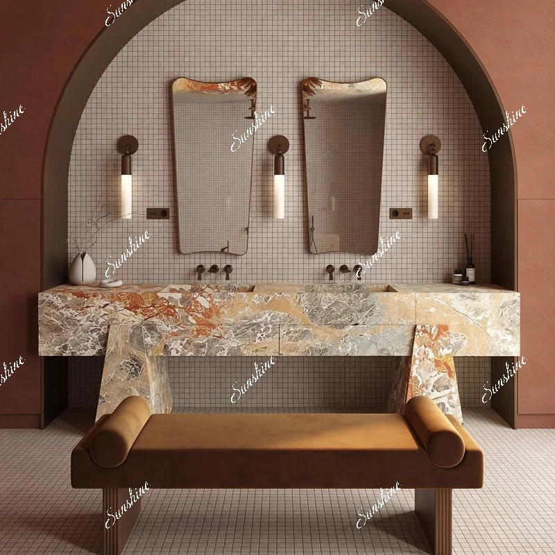 

High-end rock slab integrated seamless, floor-to-ceiling washstand villa bathroom, double basin