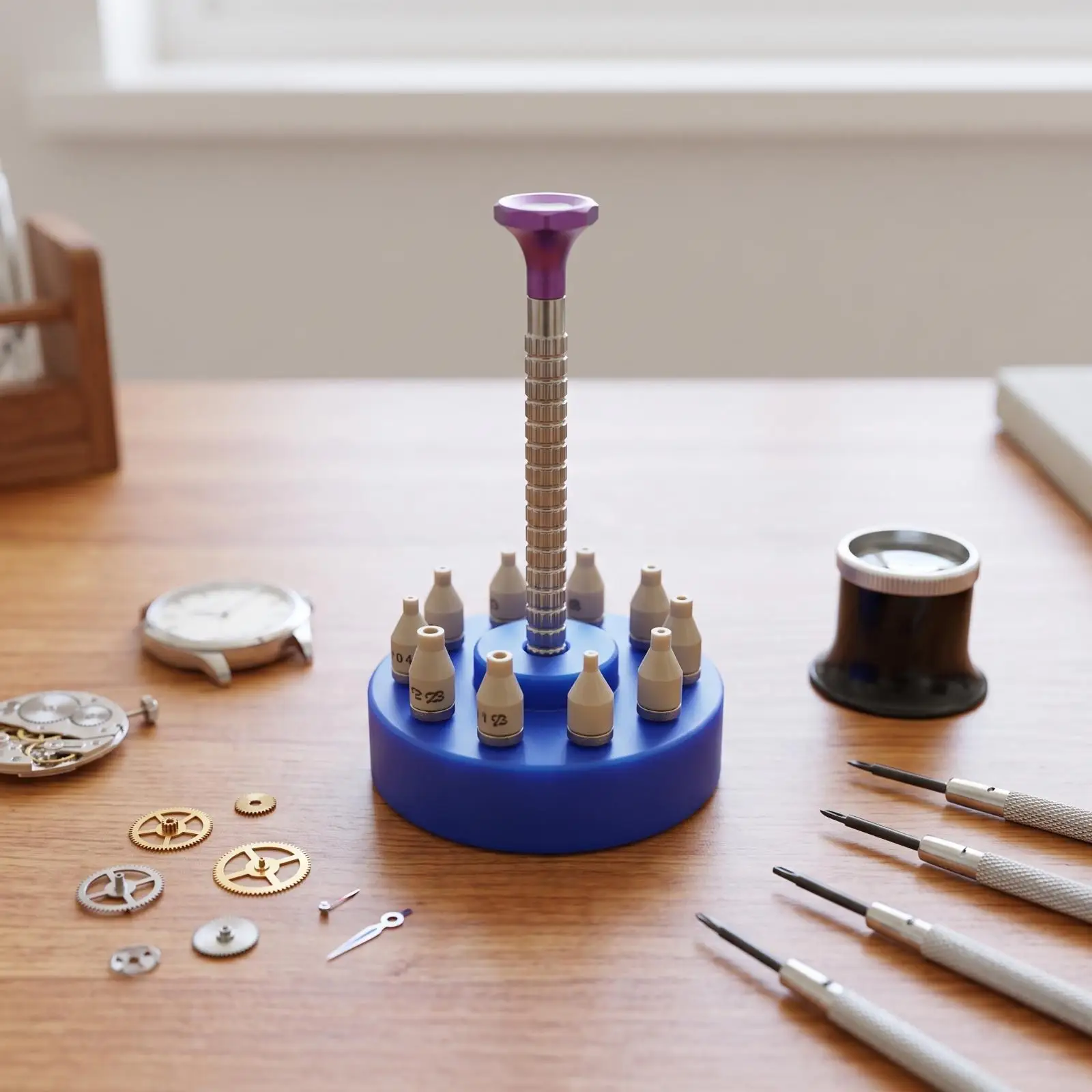 Precision Watch Hand Setting Tool Industrial Installer with Anodized Metal Base and Comfort Grip Handle for Repair