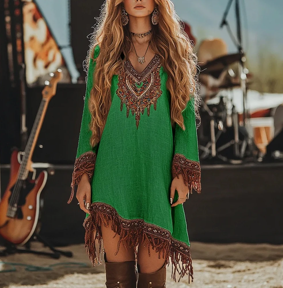 Vestido bohemio con borlas bordadas, cuello en V, manga larga, varios colores, dobladillo asimétrico, minivestido para festivales e informales
