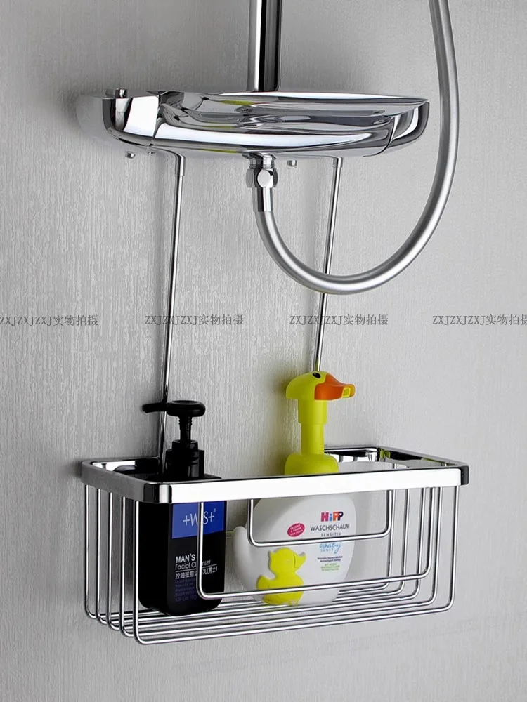 Brass Shower Caddy Hanging Rustproof Hanging Basket Shower Shelf Bathroom Accessory Silver Shower Riser Rail Hook Over Caddy