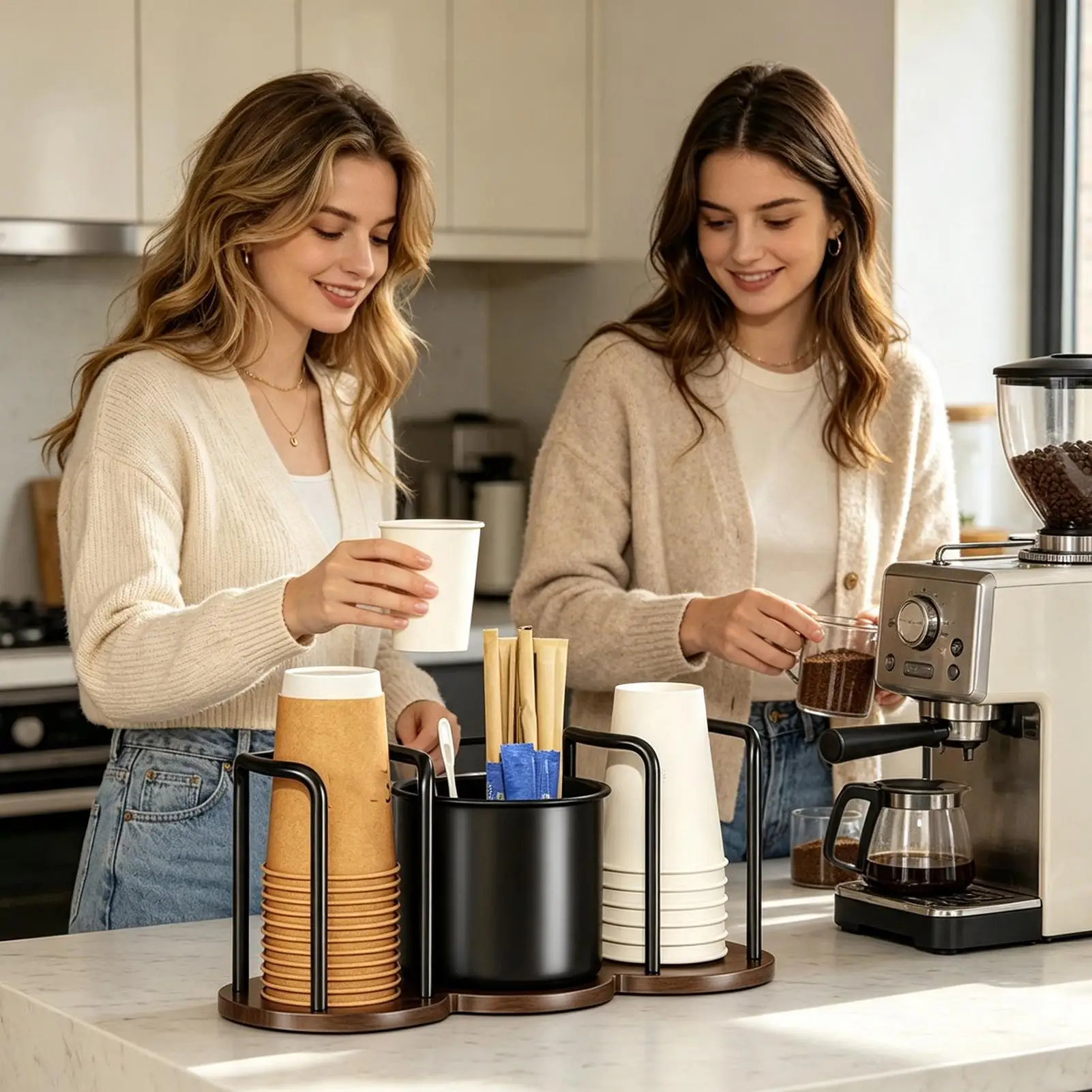 Coffee Cup Holder 3 Compartments Wooden Base Stable Stand Coffee Bar Cup Organizer for Counter Desk Desktop Couch Cabinet Home