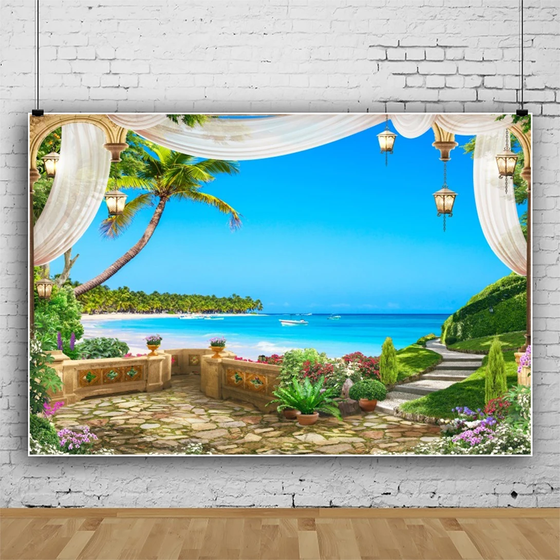 Tropical Seaside Photography Backdrop Balcony Garden Terrace Mountain Waterfall Wedding Summer Holiday Party Photo Background