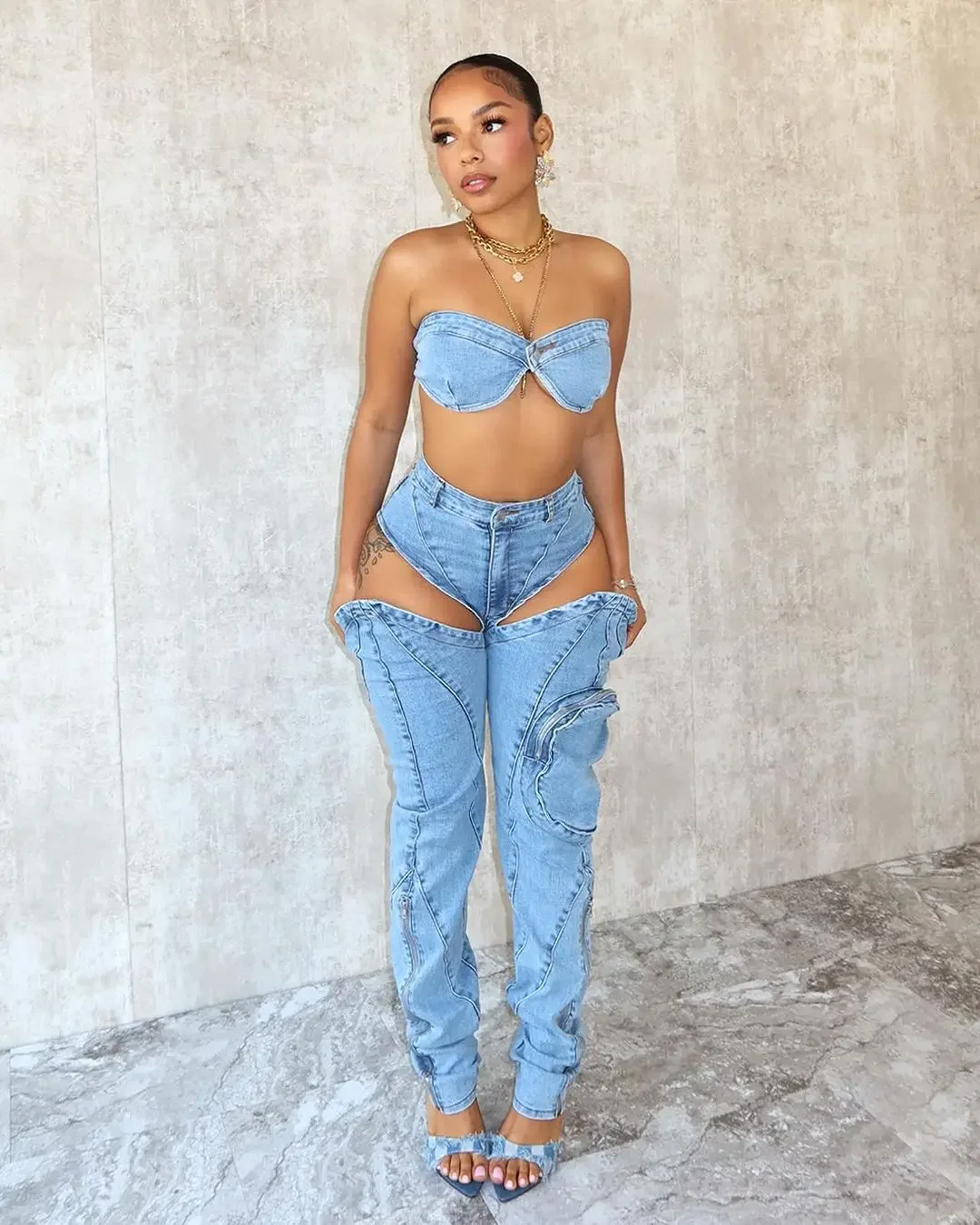 Casual sexy stretch denim two pieces legging pants set with denim tube top and denim jeans pants