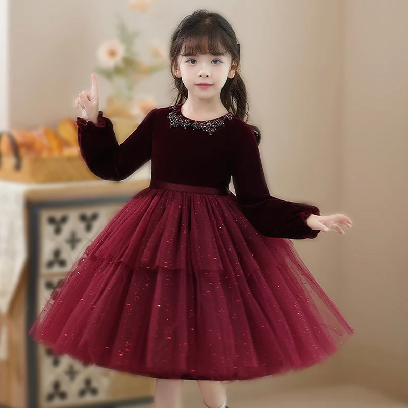 

Girls' Velvet Dress Autumn and Winter Clothes Children's Puffy Gauze Princess Dress Flower Girl Wedding Dress Baby Girls' Birthd