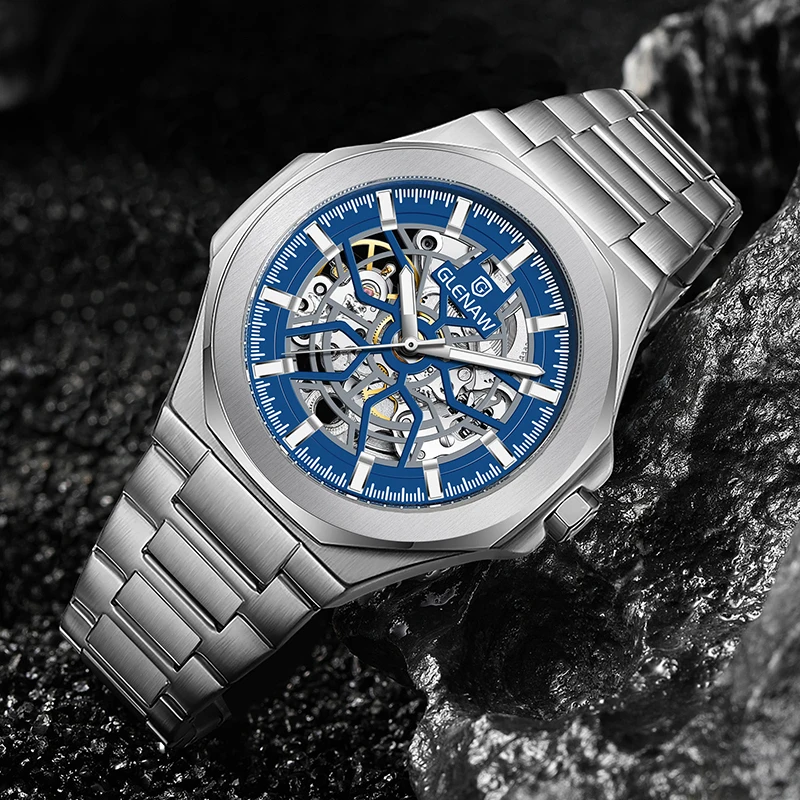 

GLENAW 2024 New Trendy Fashion Business Watch Fully Automatic Mechanical Watch Luminous Waterproof Men's Skeleton Watch for Men