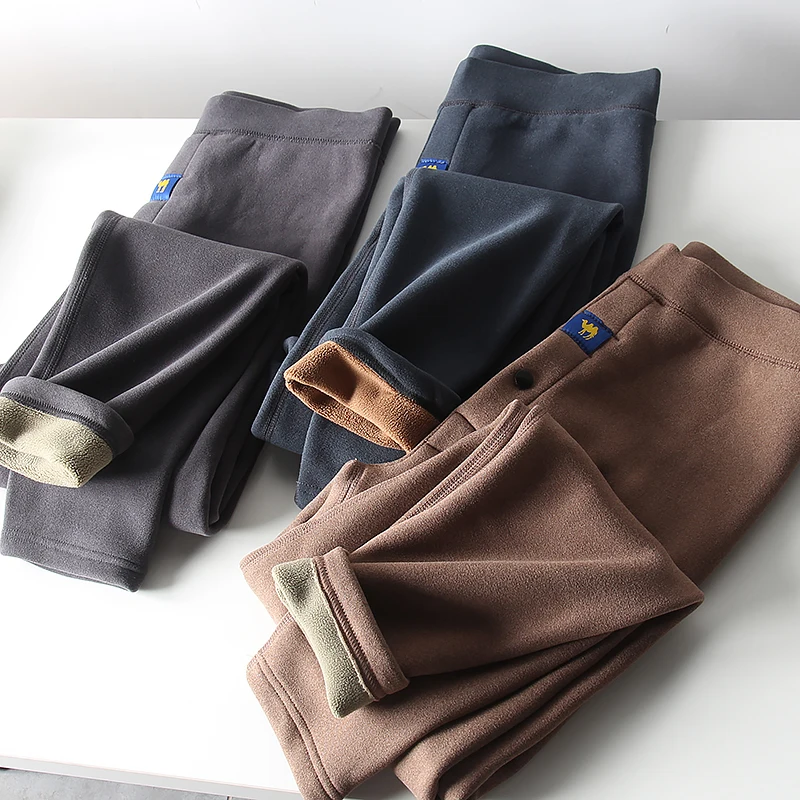 

Warmth Men's Autumn Winter Corduroy Elastic Fleece Lined Camel down Seamless Thermal Pants mid Waist Pure Color Youth Style