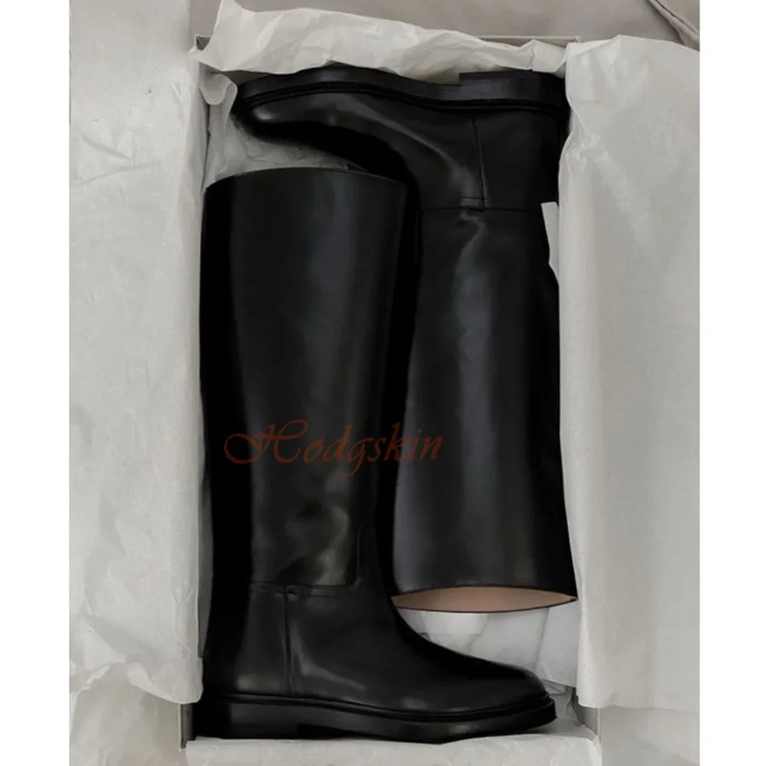 Genuine Leather Casual Boots Round Toe Chunky Med Heels Solid Slip On Trouser Boots Knee High Autumn Women Sexy Luxury Shoes