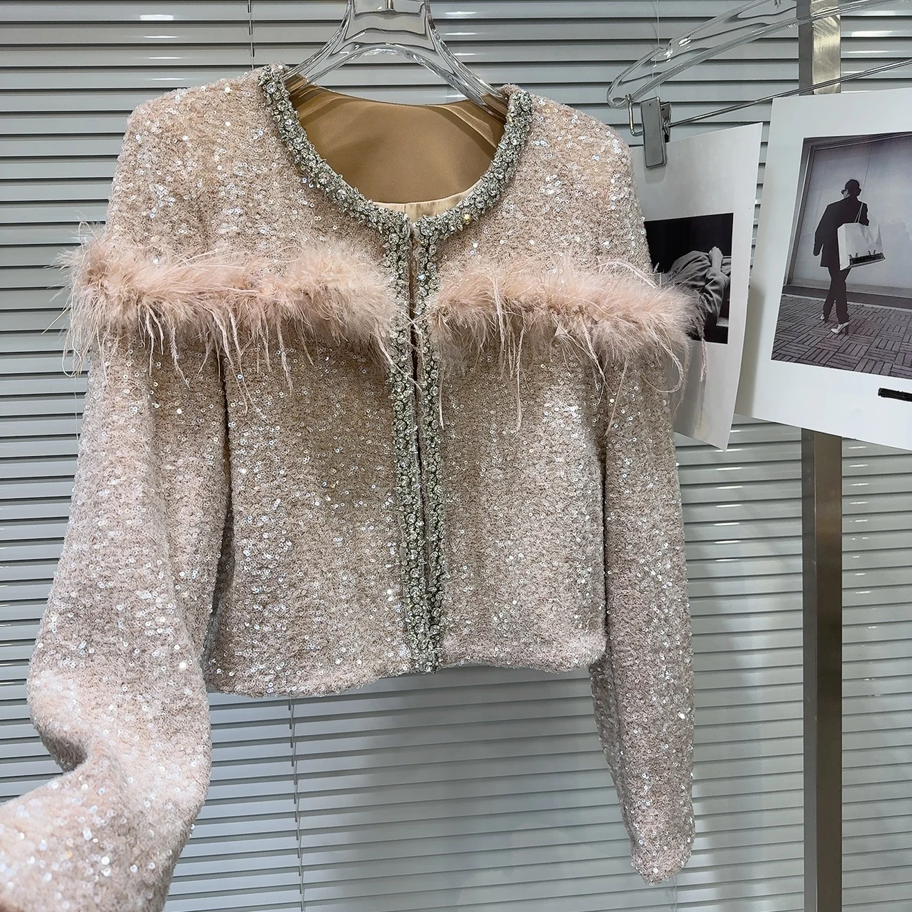 2025 Spring New Haute Couture Celebrity Ostrich Hair Decorative Rhinestone Edge Beads Top Short Coat Women Jacket