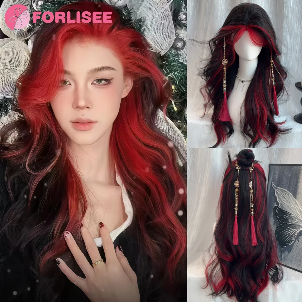 FORLISEE Synthetic Wig Female Punk Style Black And Red Bangs Dyed Medium Cut Highlight Dyed Long Curly Hair Personalized Headban