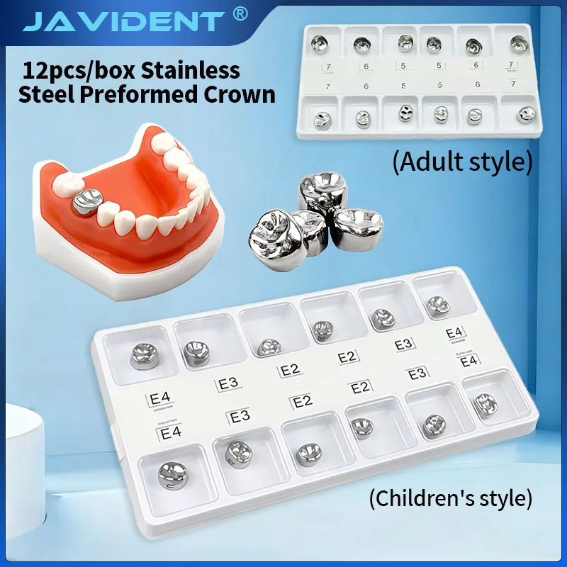 12Pcs/Box Dental Preformed Metal Crown For Adult Kids Primary Molar Teeth Stainless Steel Temporary Crowns Dentist Material