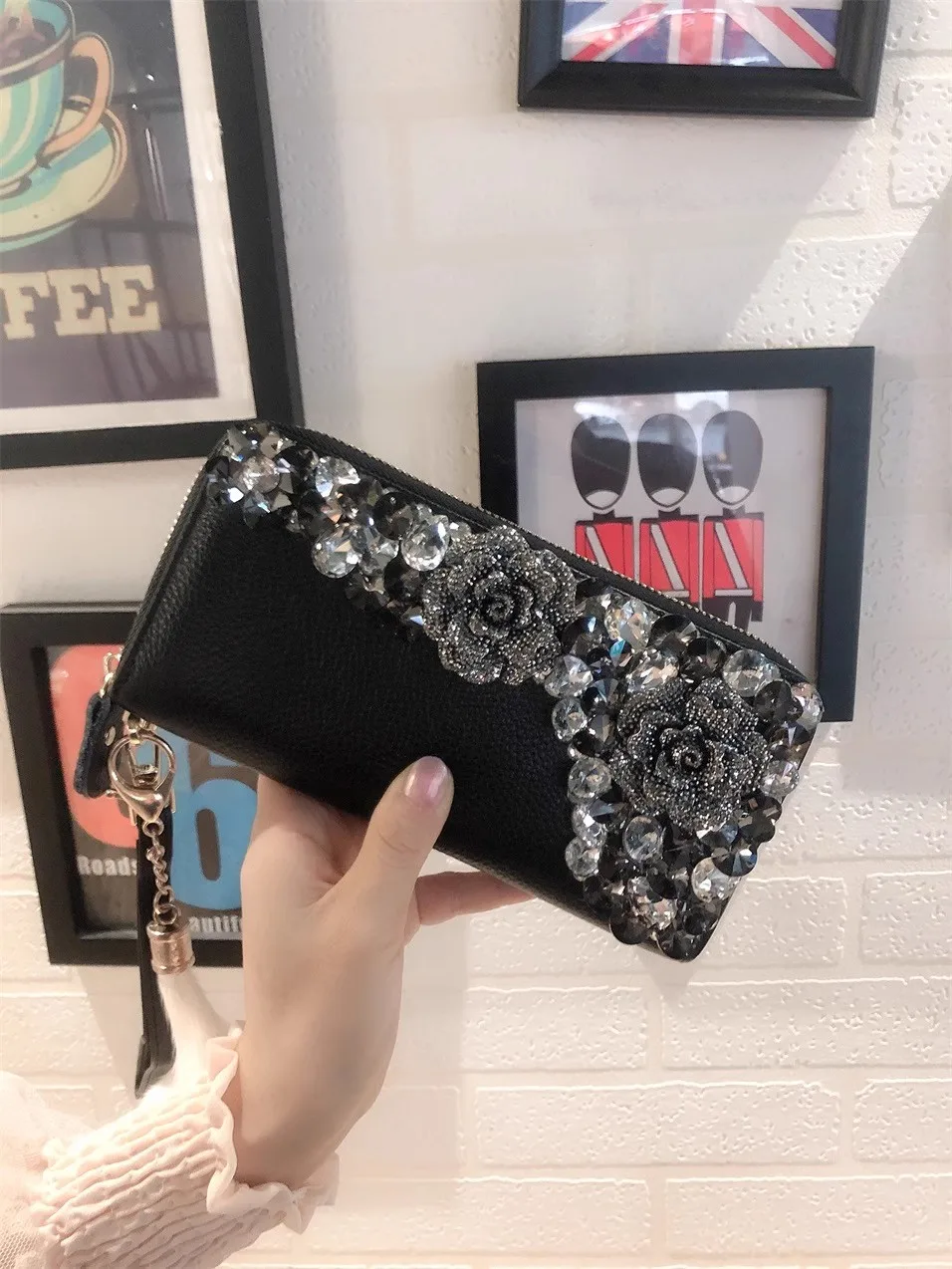 Genuine Leather Women Wallet Multifunctional Credit ID Card Holder Coin Pocket Crystal Shiny Rhinestones Diamond Clutch Purse