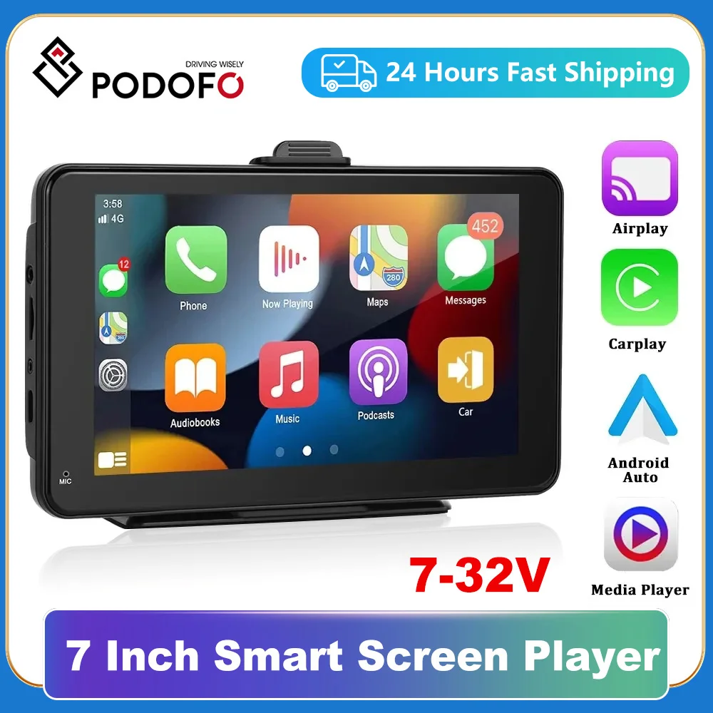 Podofo Wireless Carplay Android Auto Car Radio Multimedia Player for Universal 7'' Portable Touch Screen With AUX USB BT