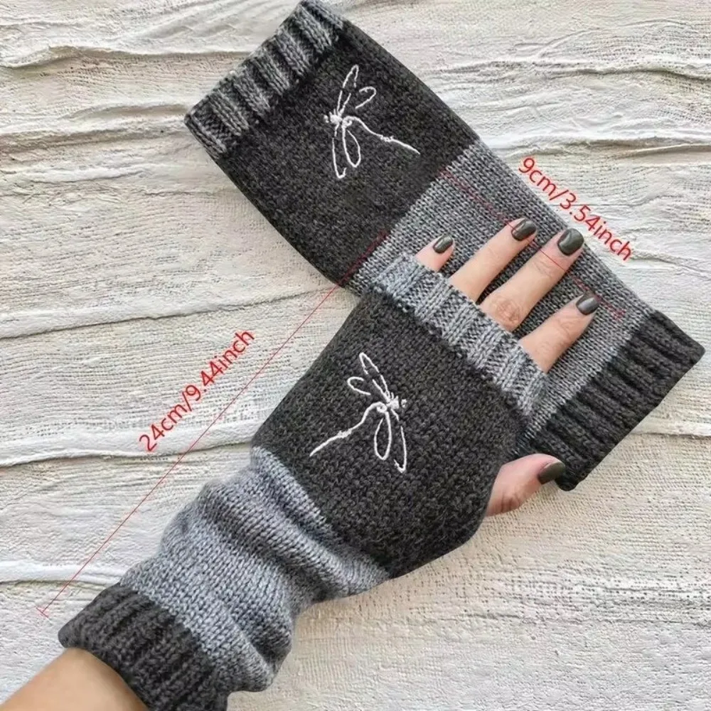 Trendy Accessories Embroidered Knit Gloves Thickened Warm Half Finger Gloves Cotton Soft Fingerless Gloves Autumn Winter