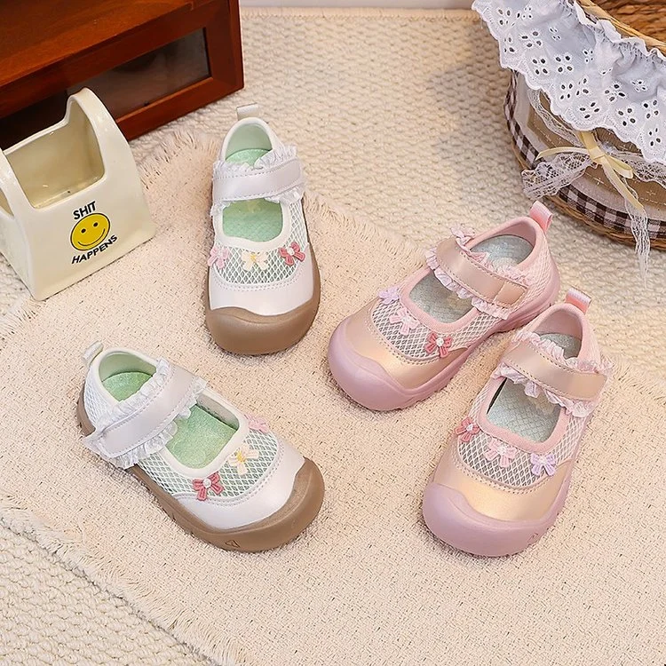 Girls Casual Shoes Toes Capped Lace Sweet Kids Princess Shoes Mesh Breathable 2026 Brand New Children Flats Breathable Soft Sole