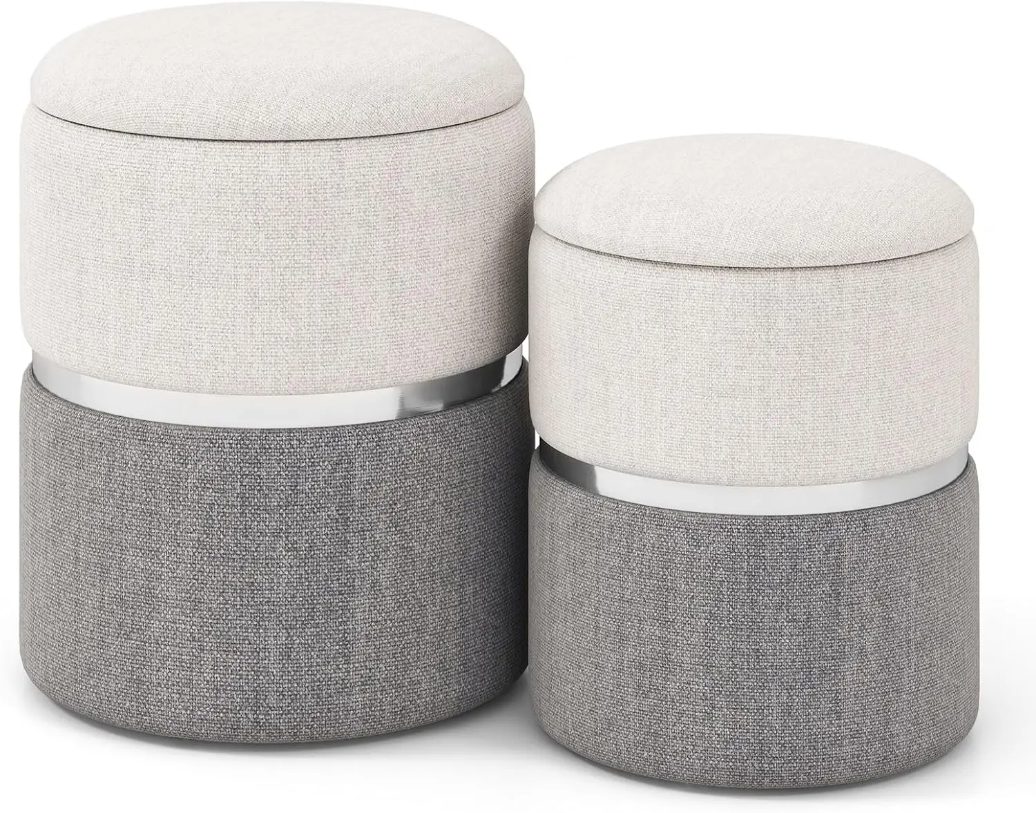 

Ottoman With Storage - Set Of 2 Storage Ottomans, 1 Large & 1 Small Nesting Ottoman Side Table, Upholstered Linen Round Foot