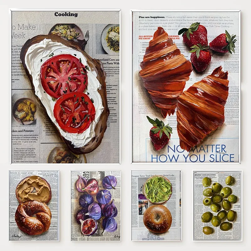 Póster texturizado 3d de comida para cocinar periódico Vintage, crema, queso, tostado, aceitunas, pintura en lienzo vegetal, arte de pared, cocina, decoración del hogar