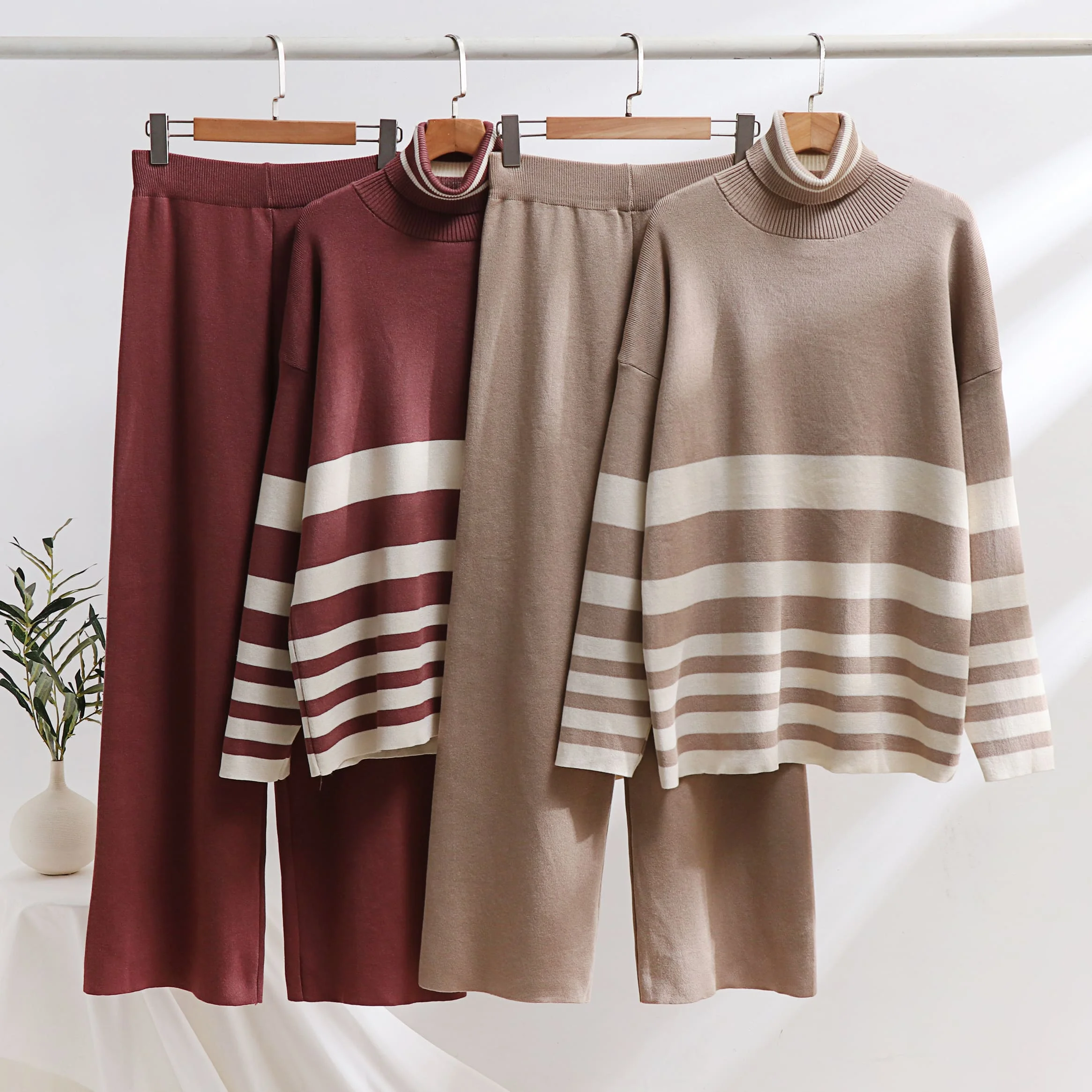 

Autumn Women's Casual Loose Sweater Set Thick Turtleneck Stripe Knitted Pullover Sweater + Wide Leg Pants Knitted 2-Piece Sets