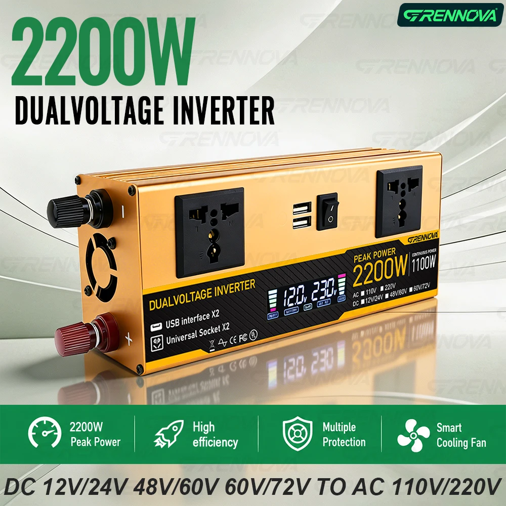 2200W Dual Voltage Power Inverter( 12V/24V/48V/60V/72V DC to 110V/220V AC ) LCD Screen CE FCC Certified for RV & Solar Off-Grid