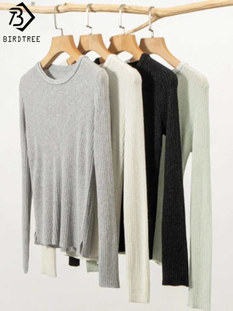 Birdtree 32.4% Sheep Wool 30.1% Acrylic Solid Undershirt,Woman Wool Blend O-neck Cable Structure Full Sleeve Knit Tops T58514JF