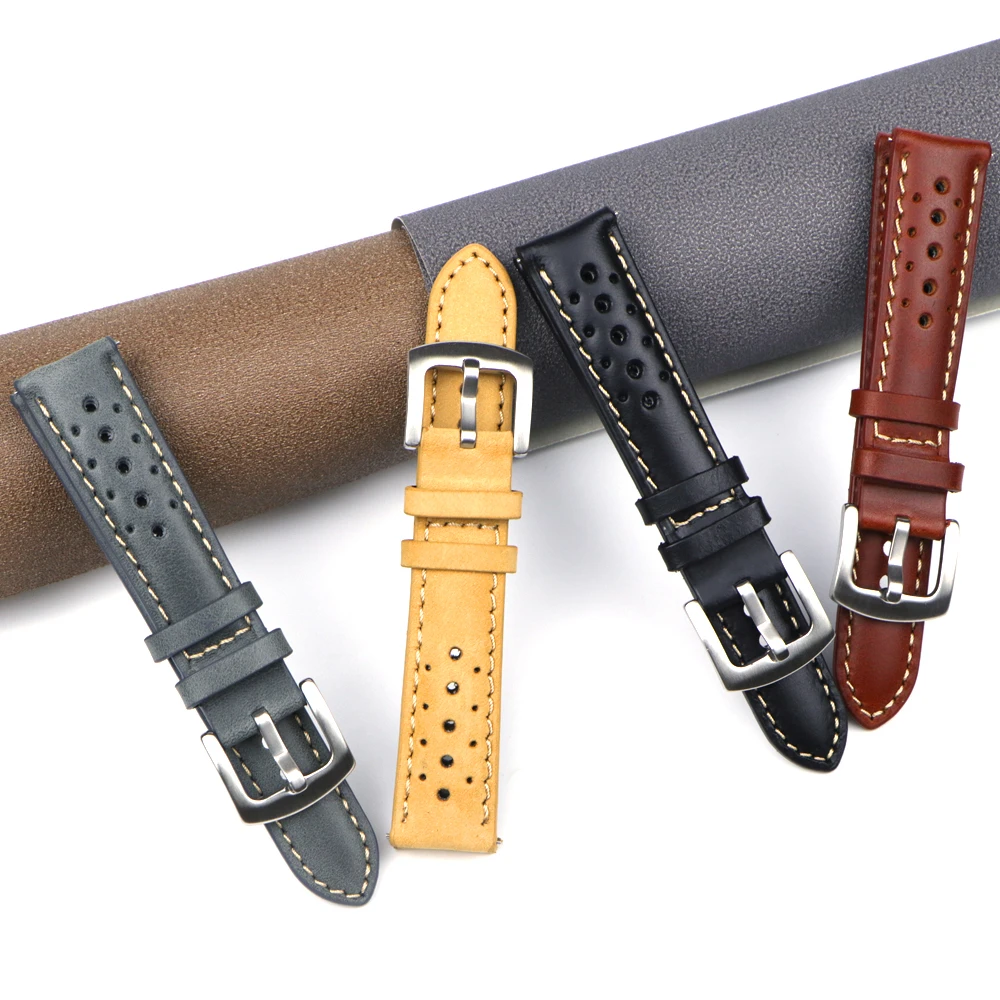 Handmade Cowhide Breathable Watch Band 18mm 19mm 20mm 22mm Men Women Oil Wax Genuine Leather Strap Watchband Accessories