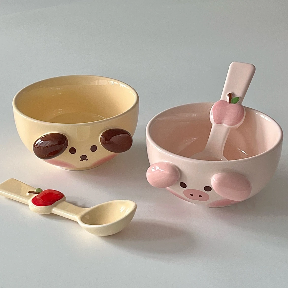 Cartoon Ceramic Bowl Sets Relief Pig Dog Small Rice Bowls With Matching Spoon 5Inches Household Breakfast Oats Bowl Couple