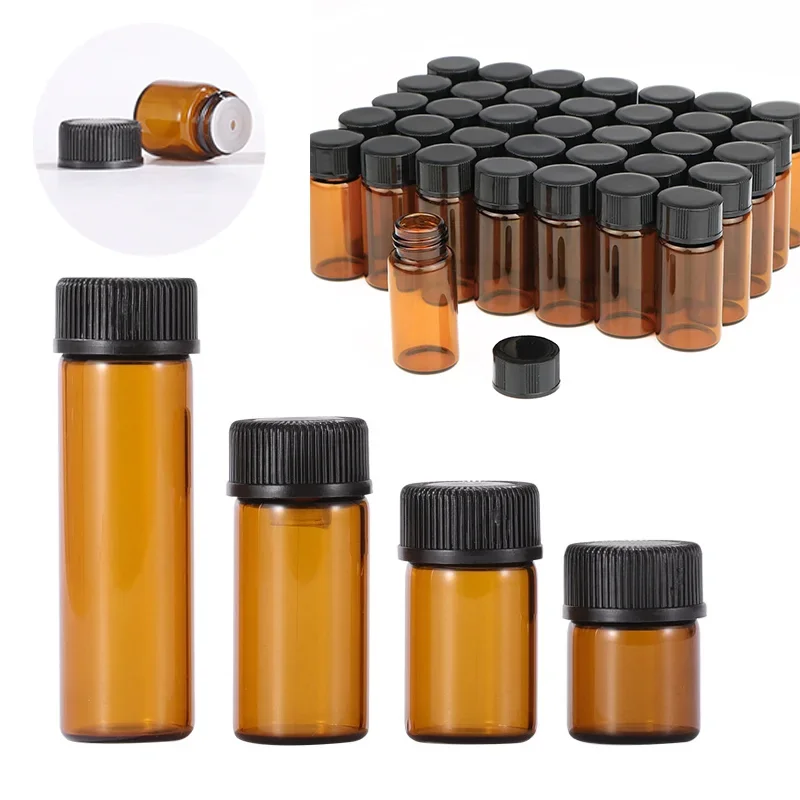 50PCS Amber Glass Bottles with Orifice Reducer and Screw Cap Empty 1-5ML Portable Essential Oil Perfume Liquid DIY Sample Vials