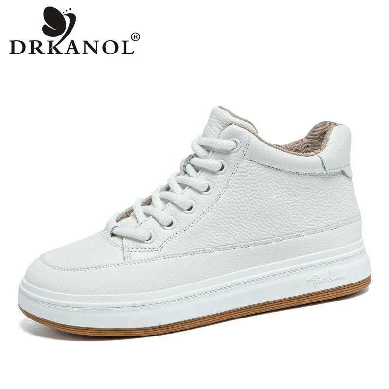 DRKANOL Fashion Women High Top Board Shoes Concise Solid Color Genuine Cow Leather Flat Shoes Autumn Winter Warm Casual Sneakers