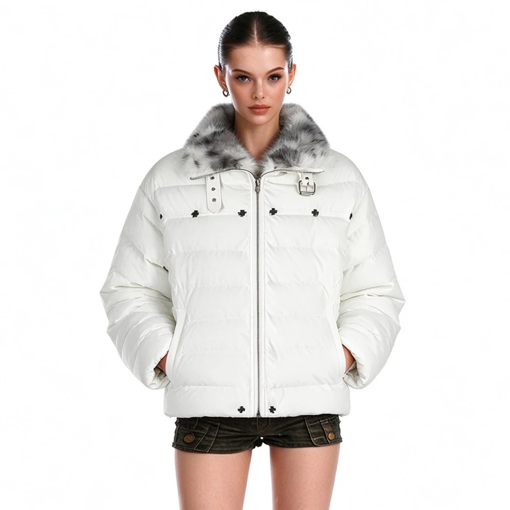 American Style White Padded Jacket with Rivet Cross Detail & Fur Collar Warm Women's Puffer Coat Light Y2K Black Bread Jacket