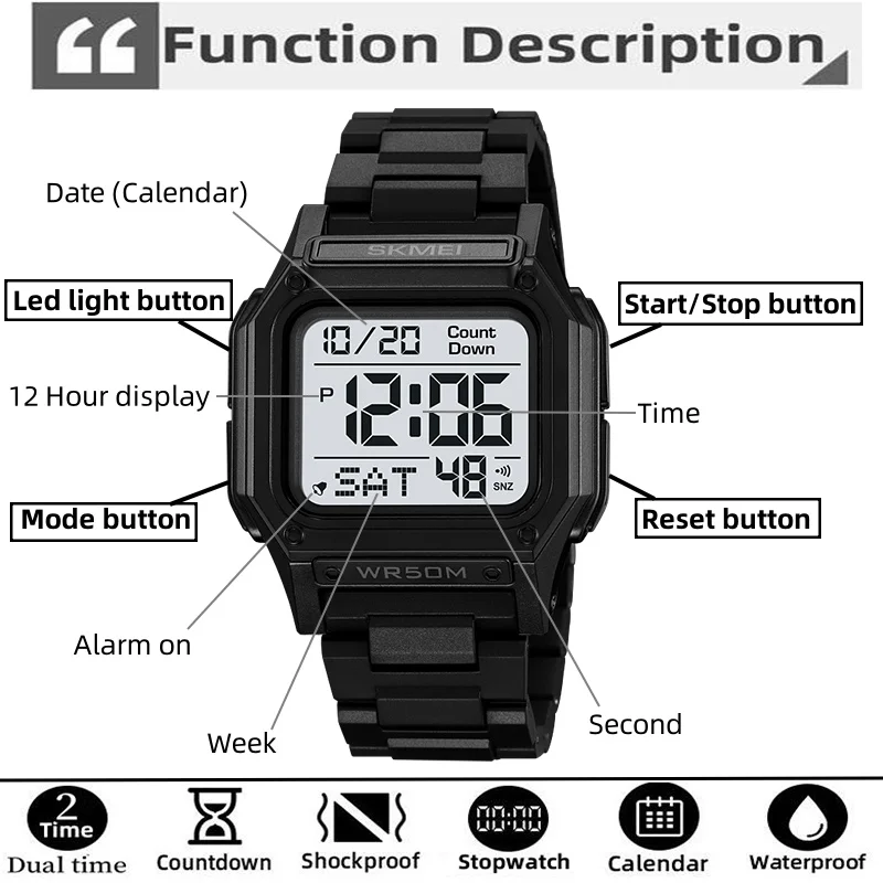 Skmei 5 Bar Waterproof Fashion Men's Sports Watch Dual Time Zone 12 24 Hour Format LED Light Digital Wristwatch Male Alarm Clock