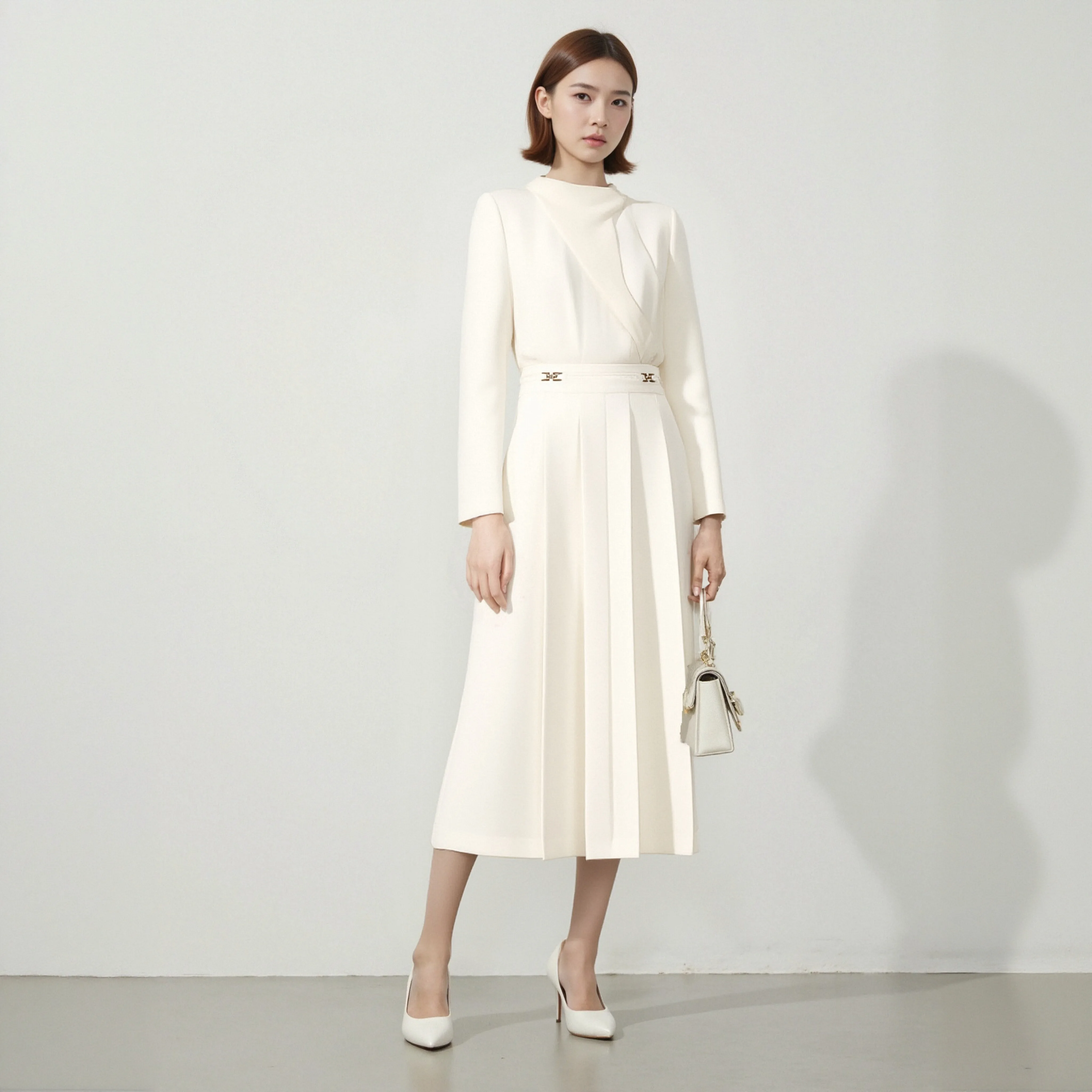 

Elegant Temperament TR Bamboo Fabric White Pleated Skirt Versatile Hanging Half Skirt for Women Fashionable And Vitality-Infused