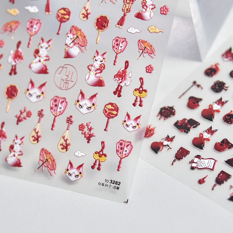 

Red And White Fox Evil Spirit 3D Embossing High Quality Nail Stickers Adhesive Design Decoration DIY Manicure T-3281