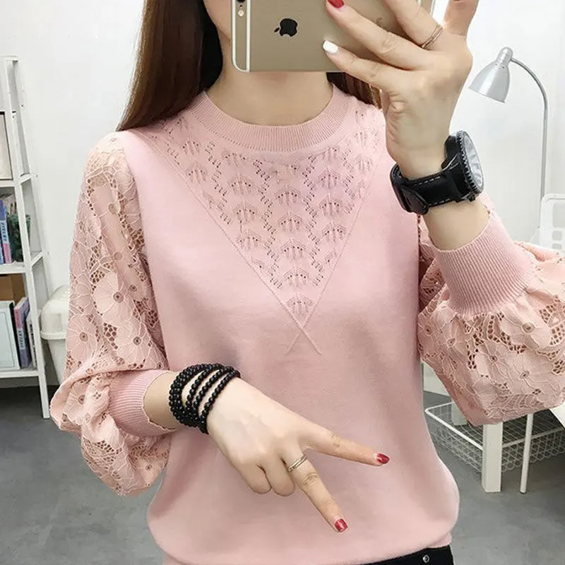 Casual Hollow Out Lace Spliced Blouse Spring Autumn Korean Solid Color Female Clothing All-match Long Sleeve O-Neck Loose Shirt