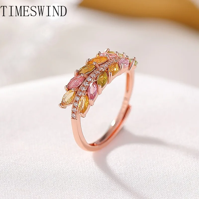 

TIMESWIND Authentic Tourmaline Multi-color Teardrop Feather Zircon S925 Open Women Ring Fashion Jewelry with Certificate
