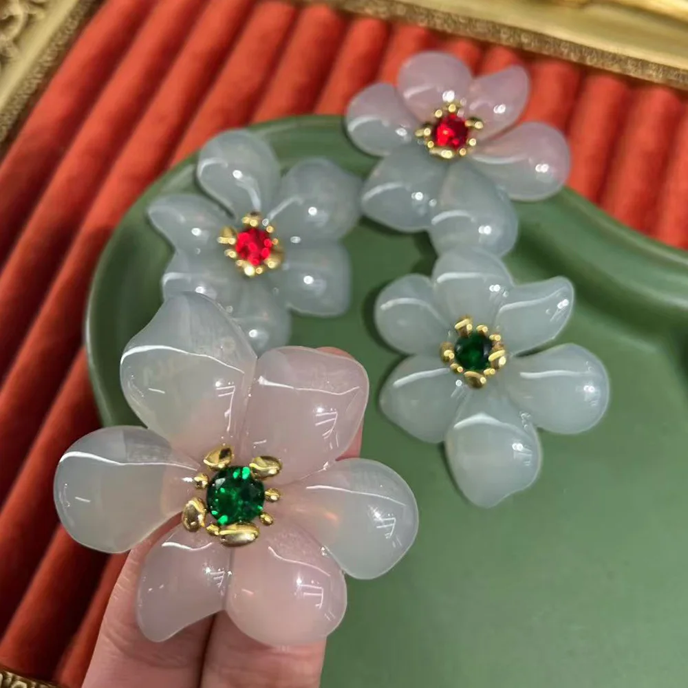 European and American retro exaggerated flower earrings ruby emerald 2024 new fashion personality versatile earrings