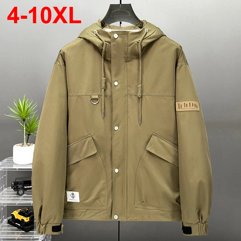 

10XL Мужские куртки больших размеров, однотонные свободные повседневные ветровки с капюшоном, мужские черные куртки большого размера 8XL 9XL