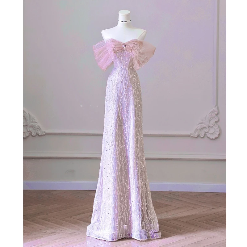 custom Exquisite Pink Beaded Sequins Wedding Dress Evening Party Gown with Detachable Tulle Train Birthday Dresses