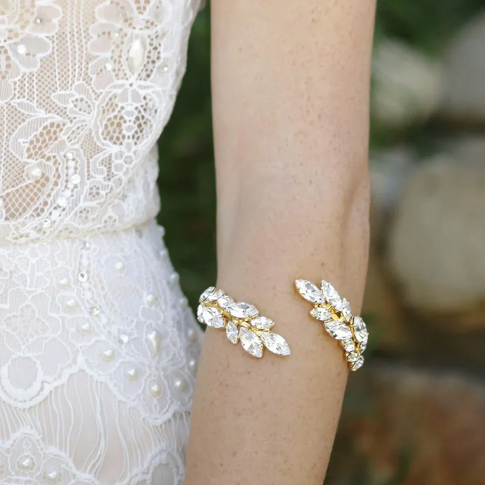 Stylish Elegant Crystal Bracelet Bangle Leaf Bridal Bracelets Wedding Party Jewelry 2023 Charm Rhinestone Bangles for Women