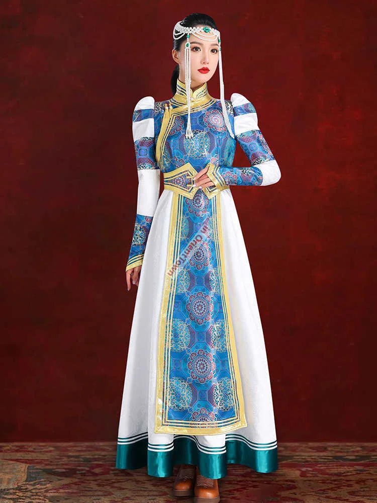 آداب منغولية رداء الزفاف فستان أبيض منغوليا الداخلية الاتجاه العرقي الأقلية زي أداء الرقص التصوير الزي